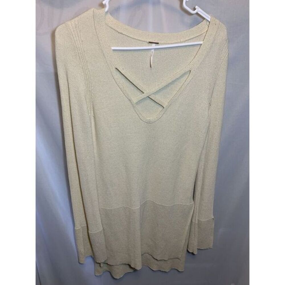 Women's XS Free‎ People Beige V Neck Criss Cross  Sweater Boho Tunic Oversized